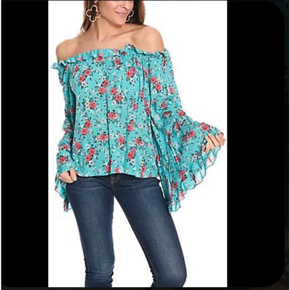 Panhandle Slim Tops - Off the Shoulder Turquoise Floral Print Peasant Blouse
